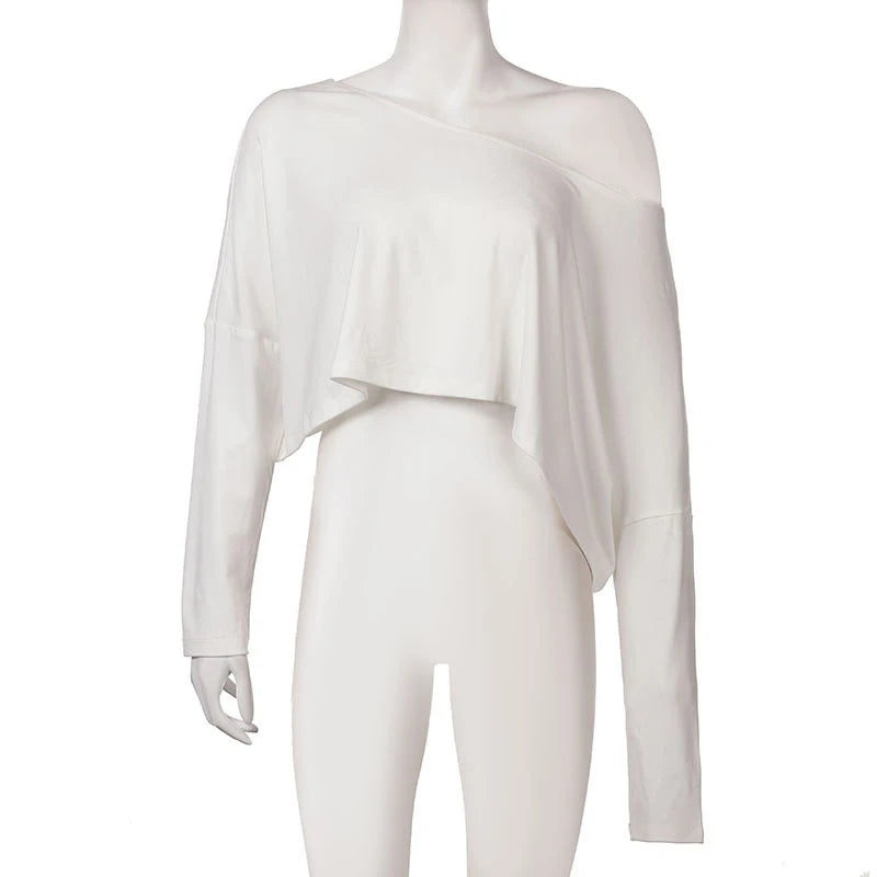 Mercury Streetwear Off Shoulder Crop White Long Sleeve Loose Tops