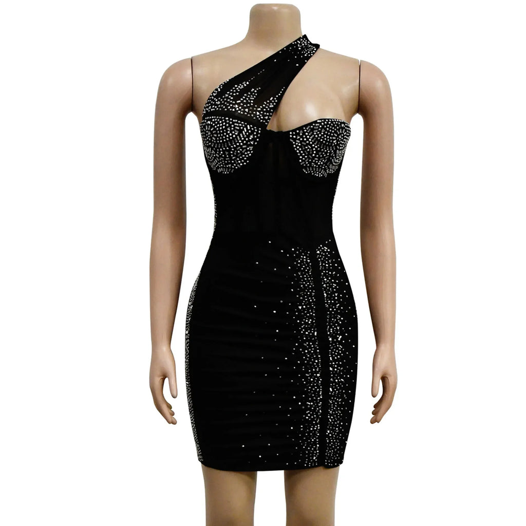 Homecrest Shoulder Mesh Rhinestone See Through Night Club Outfits Dress