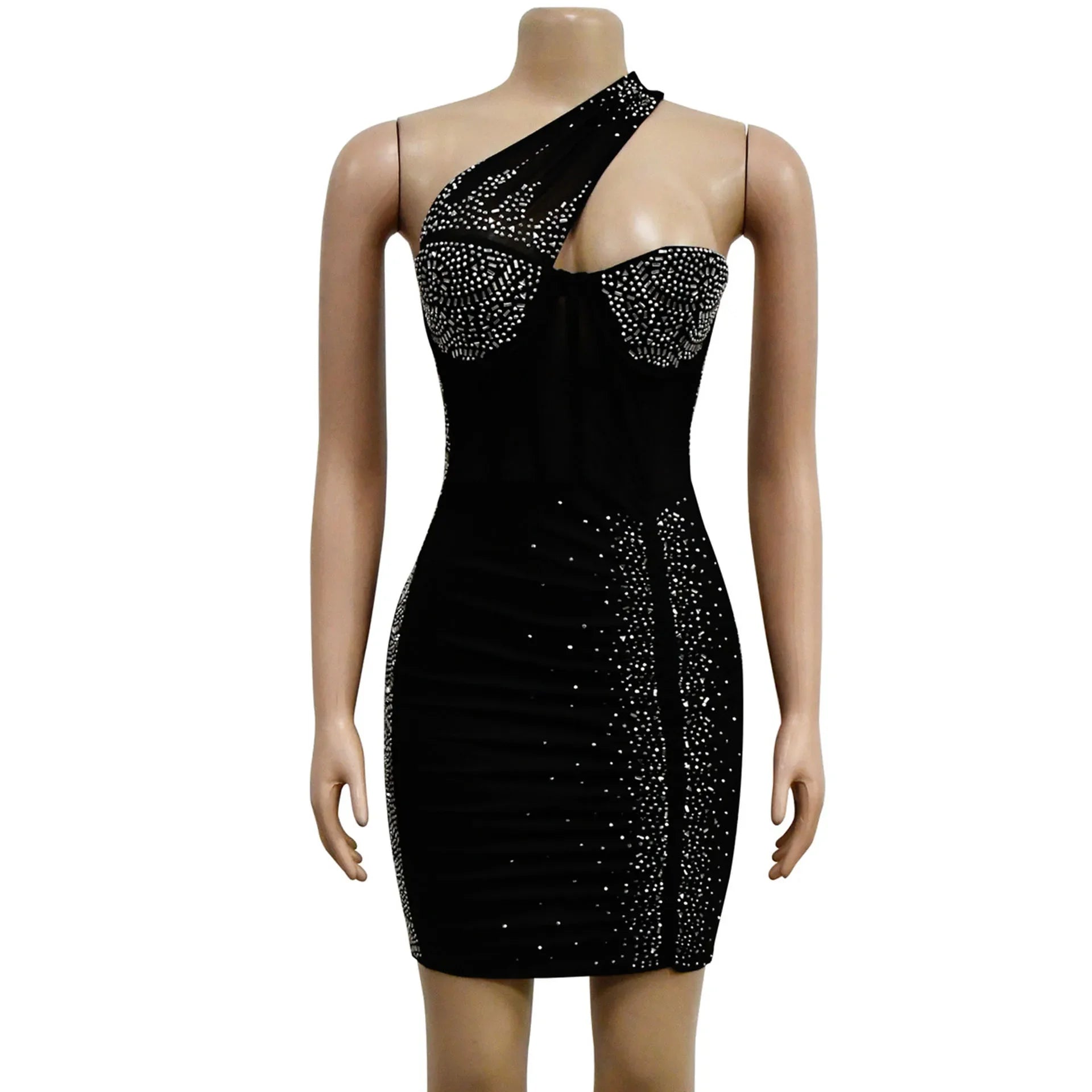 Homecrest Shoulder Mesh Rhinestone See Through Night Club Outfits Dress
