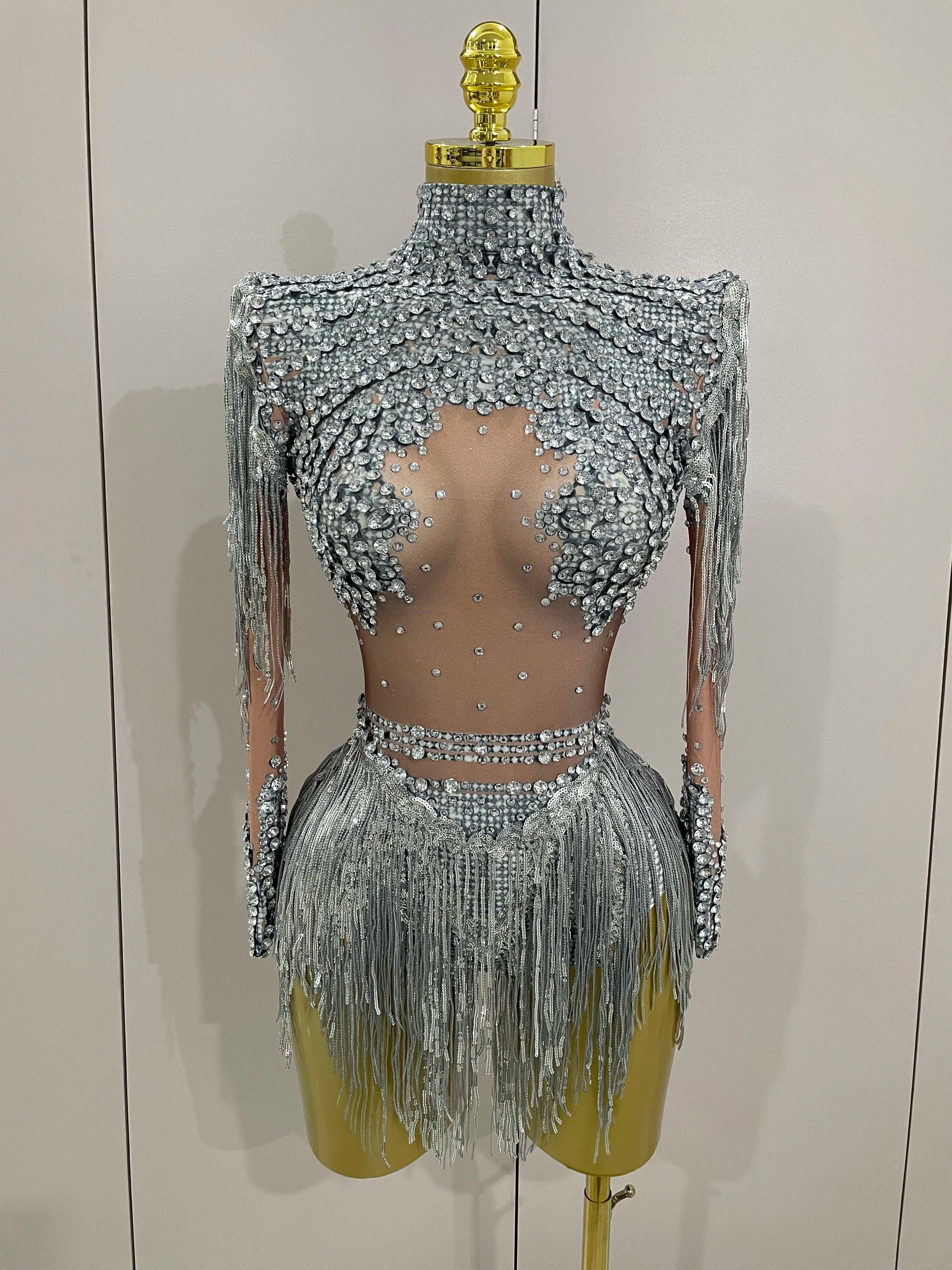 Chambersburg Sparkly Rhinestone Sequin Tassel Stretch Jumpsuit