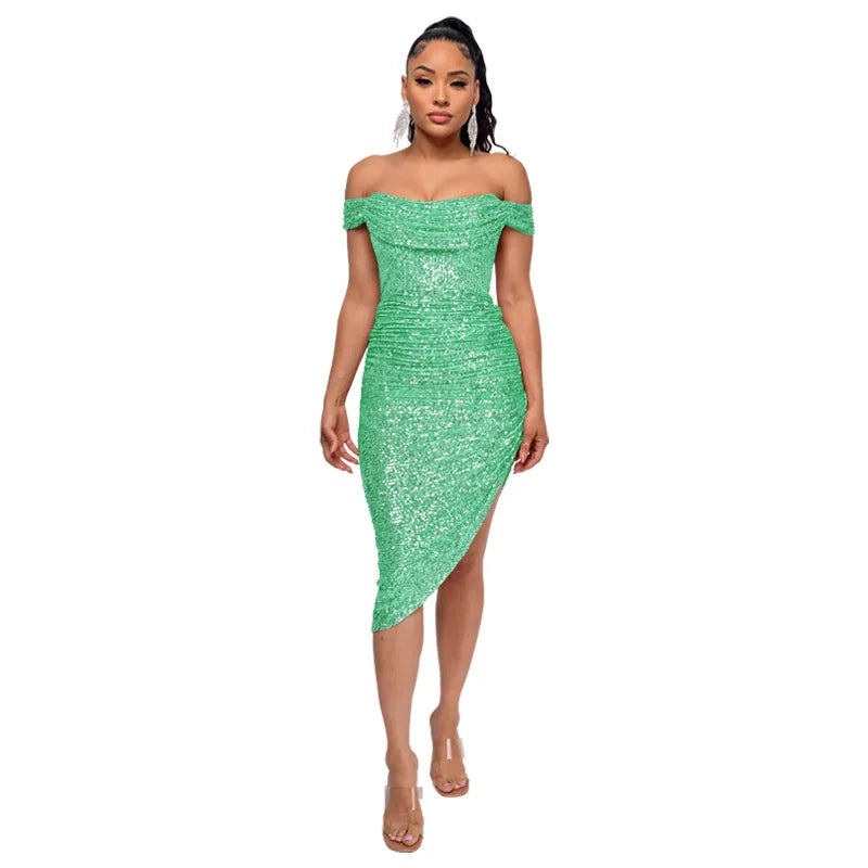 Virginia One Shoulder Bodycon Sparkly High Slit Midi Dresses