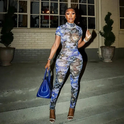 Auburn Hollow Out Playsuits Female Nightout Fashion Mesh Thin Sheer Jumpsuits