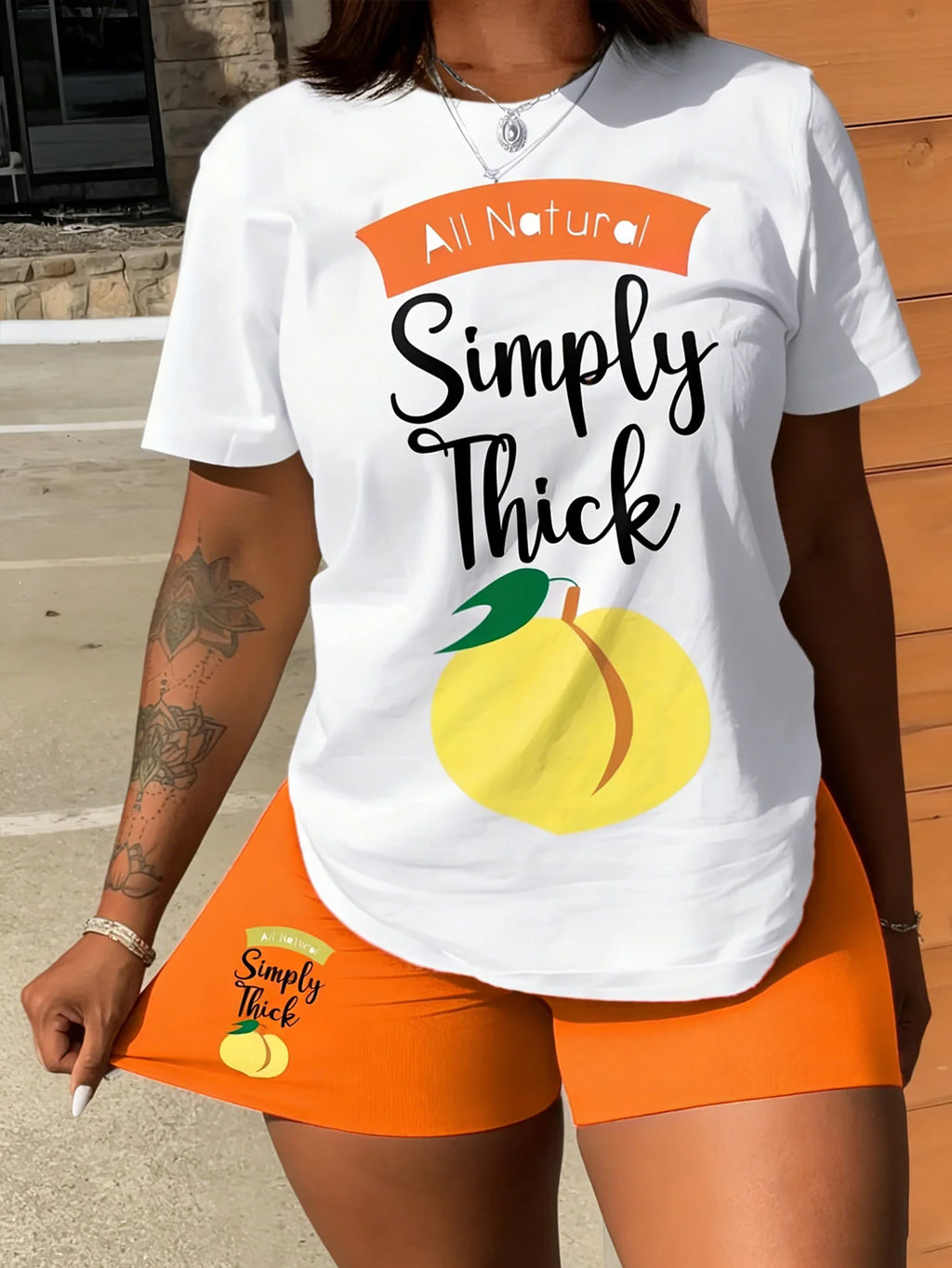 Lia Peach Letter Print Short-Sleeved Casual Two Piece Sets