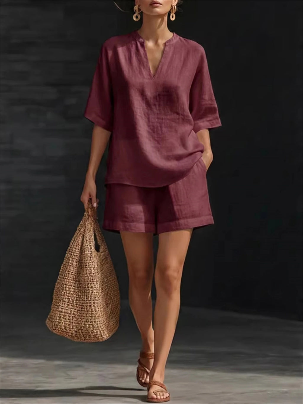 Fatima Short Sleeve V Neck Casual Two Piece Sets