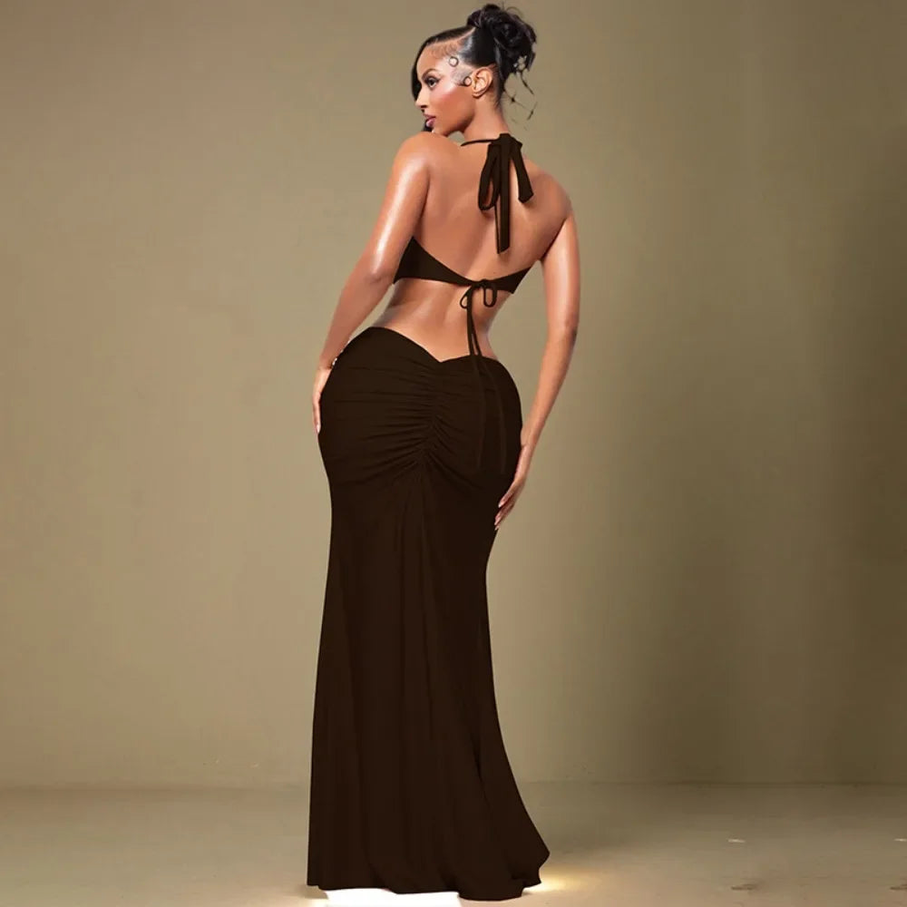 Ancram Hollow Backless Sexy Halter Deep V Neck Sleeveless Ruched Patchwork Dresses