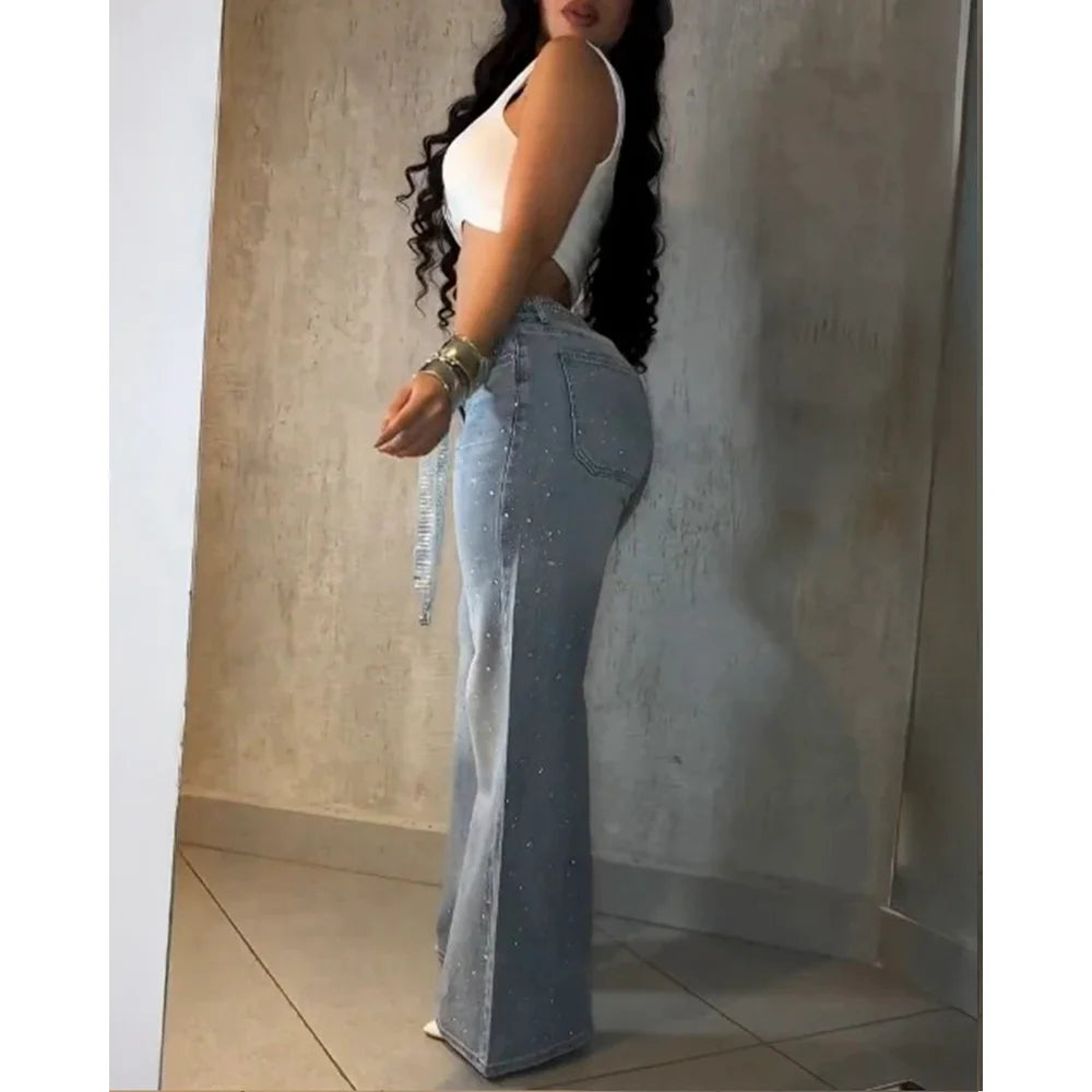 Venus Allover Rhinestone Decor High Waist Zipper Fly Casual Wide Leg Loose Fit Denim