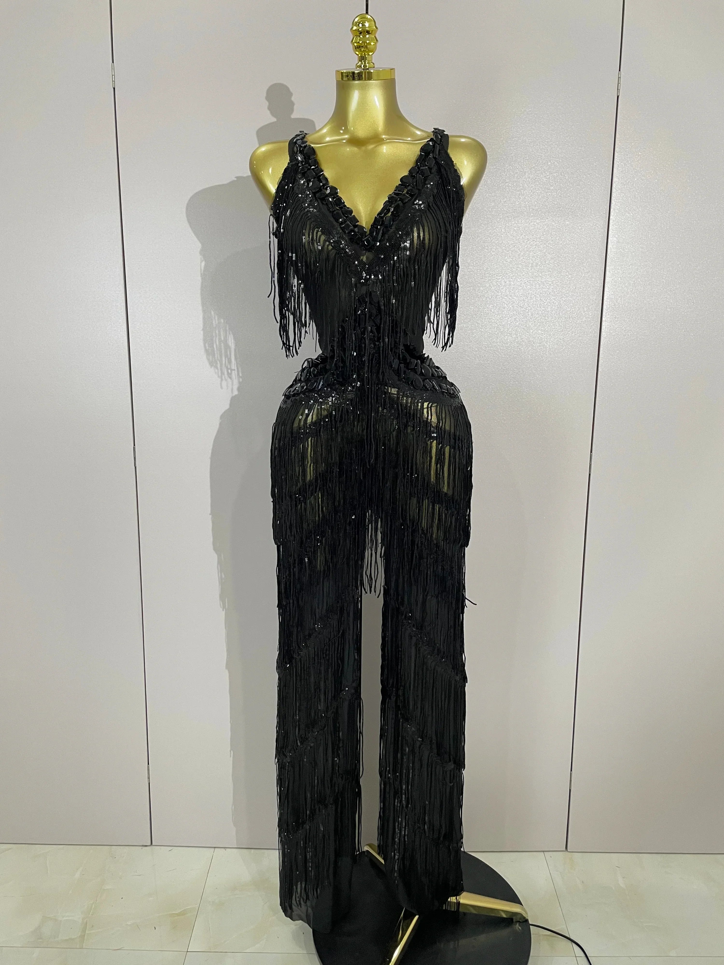 Watkin Glen Sparkly Black Rhinestones Sequined Fringe jumpsuit