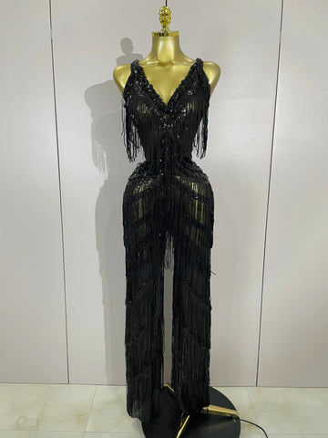 Watkin Glen Sparkly Black Rhinestones Sequined Fringe jumpsuit