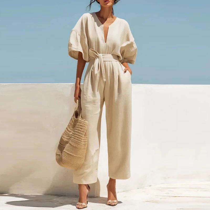 Summer Elegant Jumpsuit V Neck Lace Up High Waist Half Sleeve Long Pants Jumpsuits For Women Casual Loose Romper Playsuits