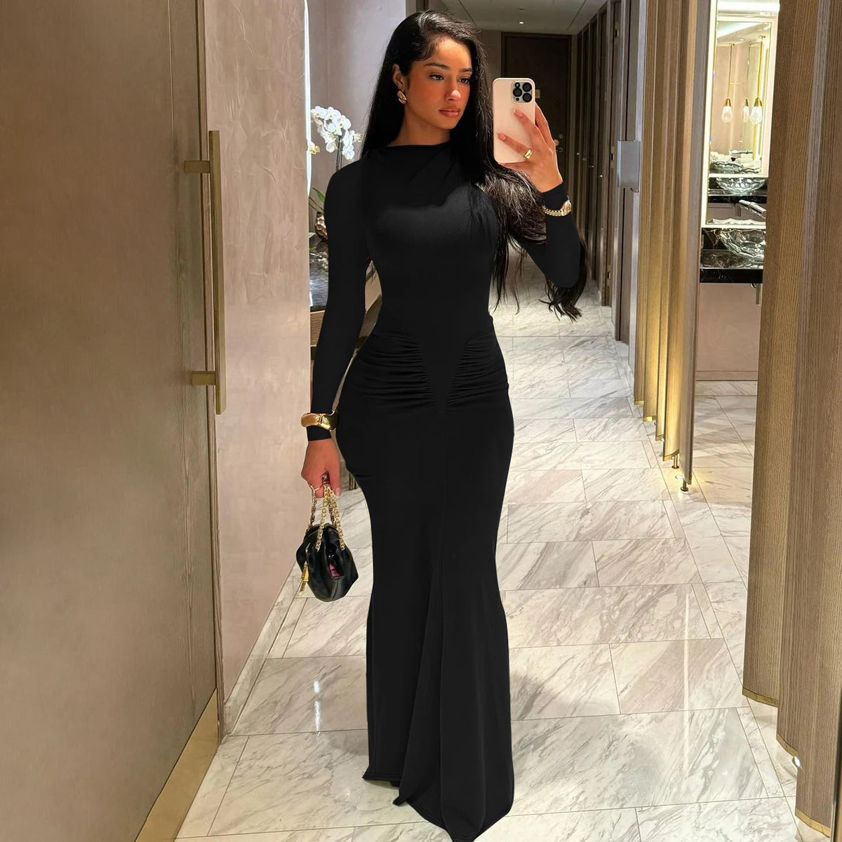 Shore Beach Solid Long Sleeve Draped Sexy Bodycon Maxi Party Dress