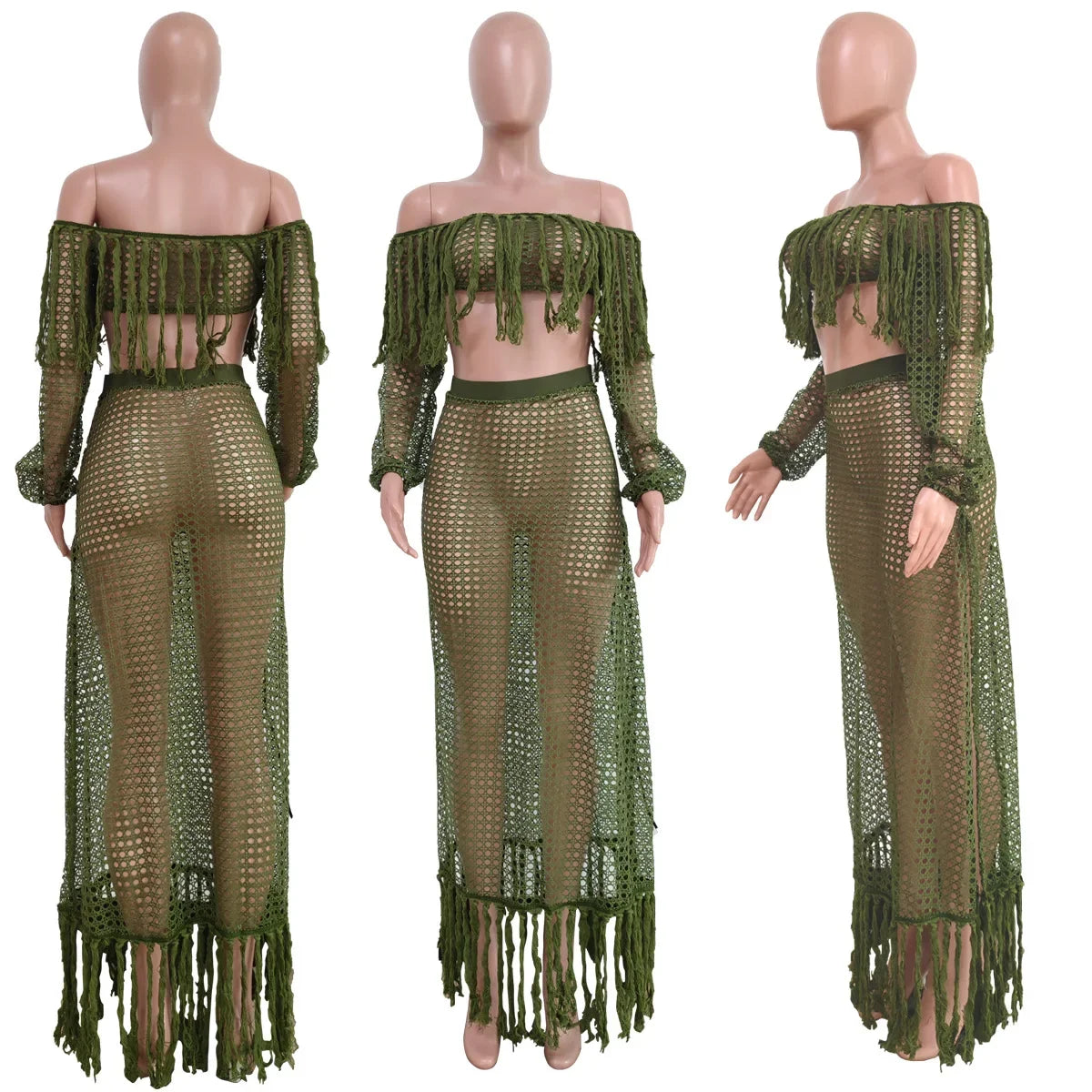 Off Shoulder Tassel Hollow Out Beach Set