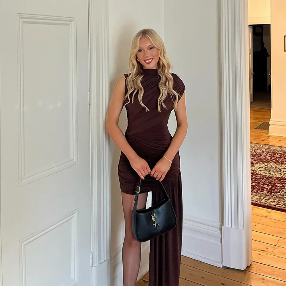 Aspen Knolls Ruched Sexy Solid Color Elegant Turtleneck Sleeveless Asymmetric Dress