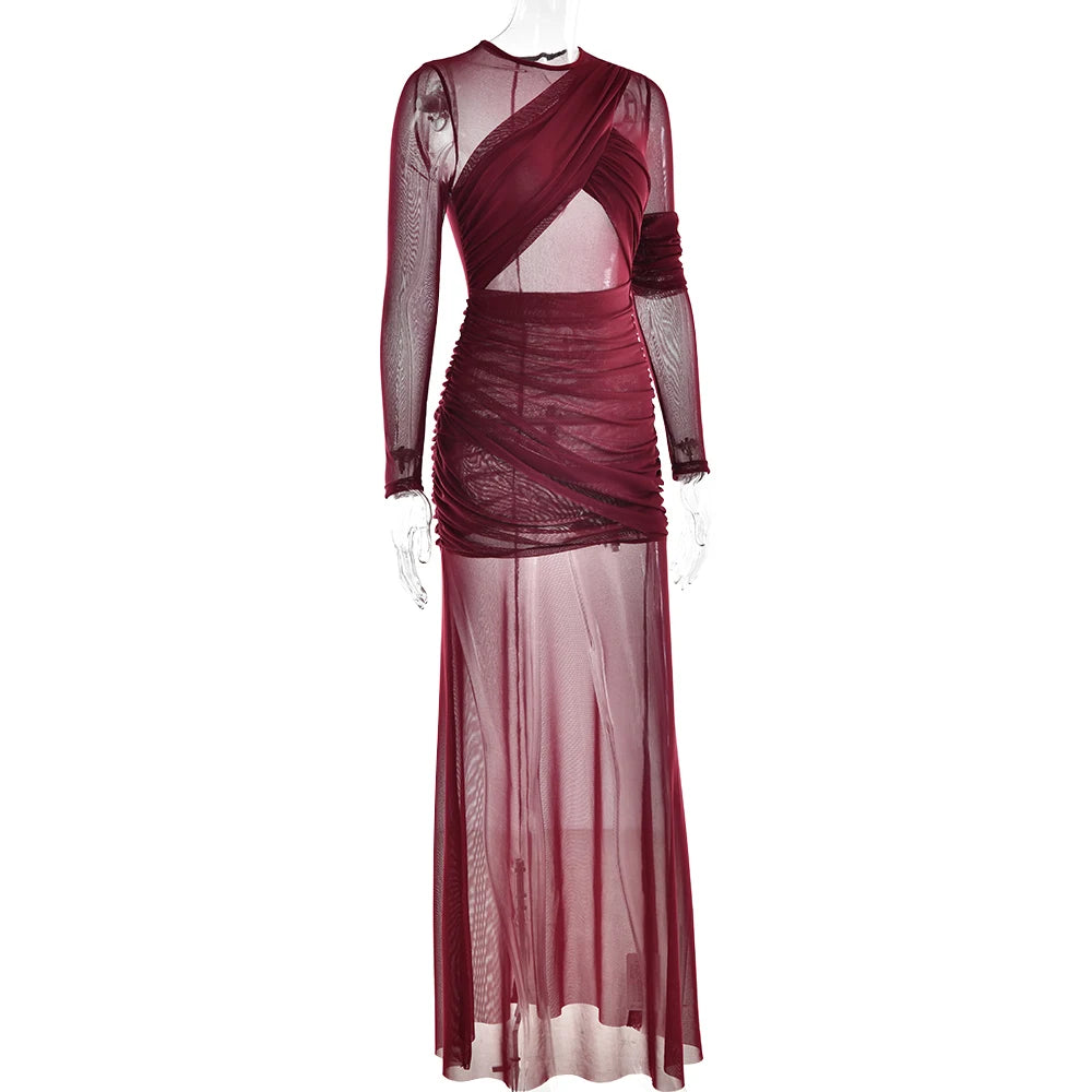 Kenilworth Mesh Patchwork Sheer Sexy Ruched Long Sleeve Bodycon Party Club Maxi Dress