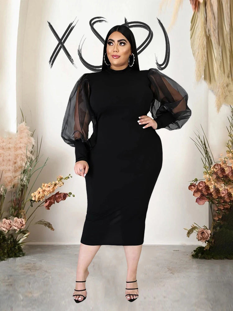 Newton Plus Size Solid Color Spring Mesh Lantern Long Sleeve Dress