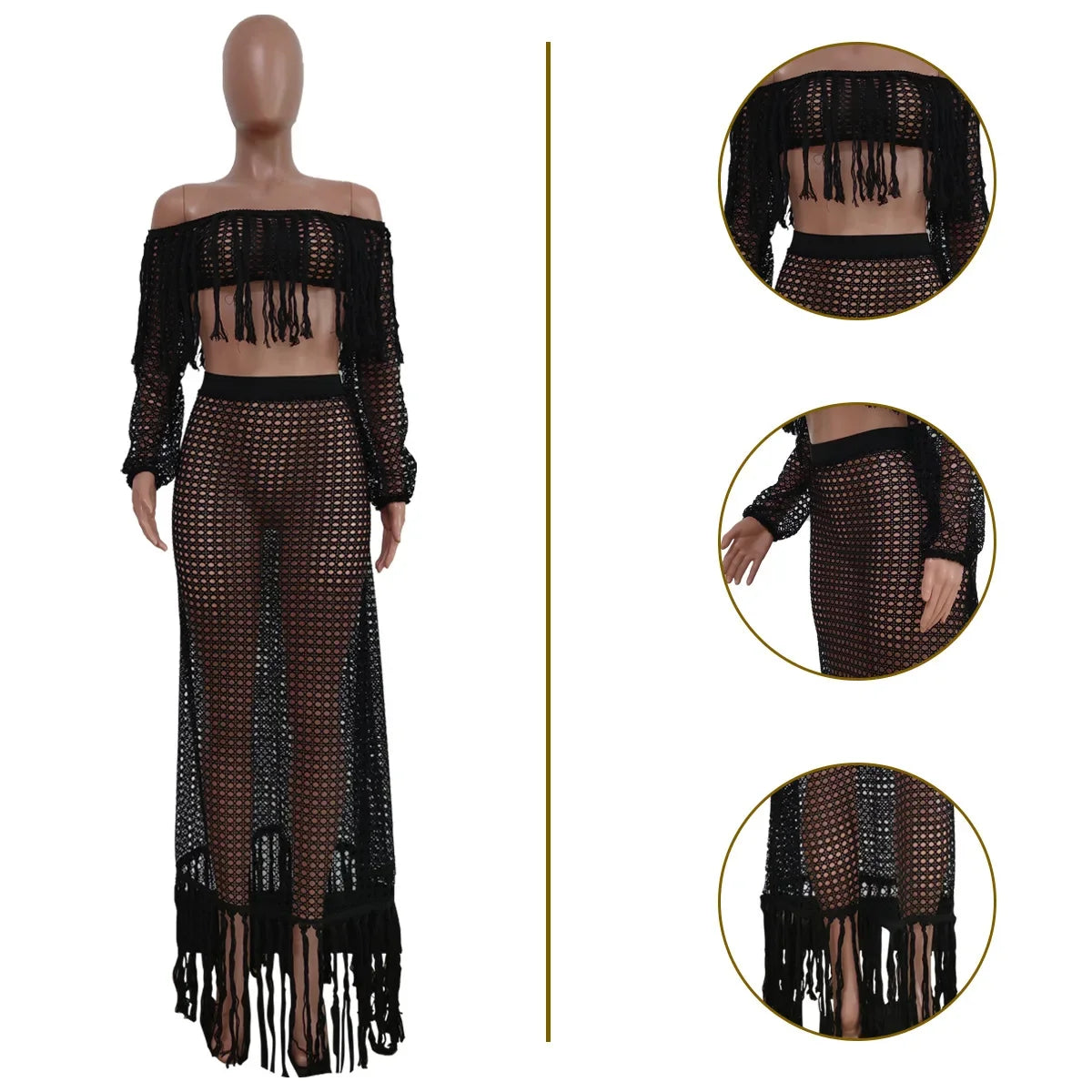 Off Shoulder Tassel Hollow Out Beach Set
