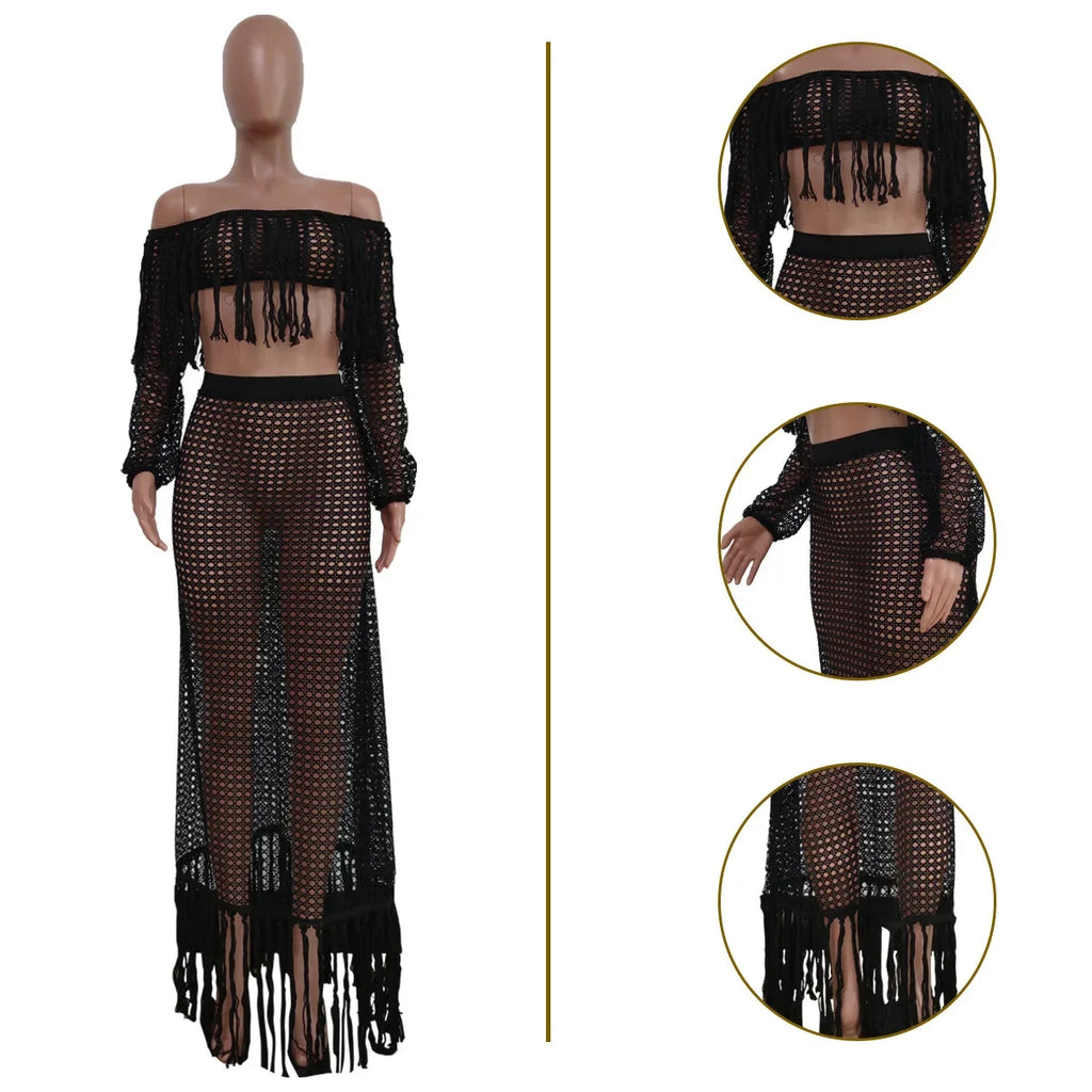 Ledyard Beach Long Off Shoulder Tassels Sexy Hollow Out Ensemble Set