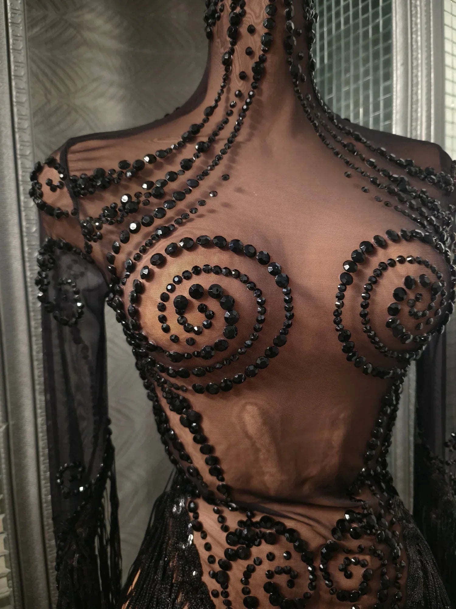 Carbondale Sparkly Rhinestone Tassel See Through Mesh Mini Dress