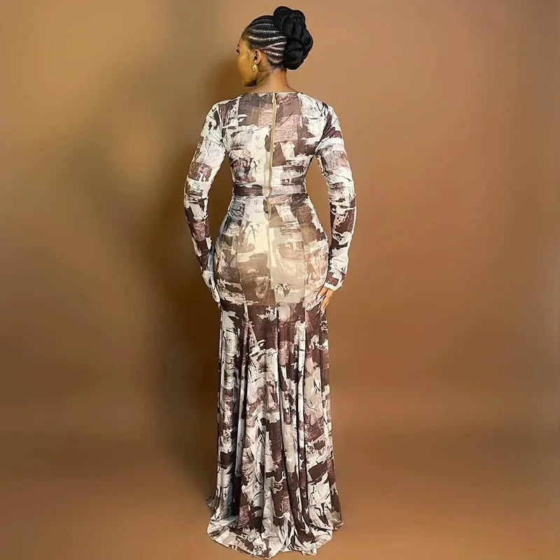 Quintana Roo Printed Ruched Long Sleeve Cutout Maxi Long Dress