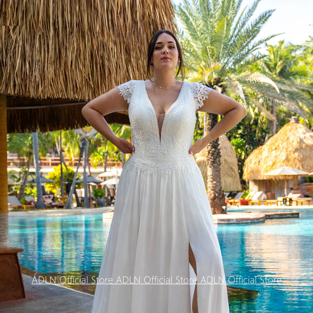 La Verda Plus Size Wedding Sexy Cap Sleeve V Neck Lace Sweep Train Split Dresses