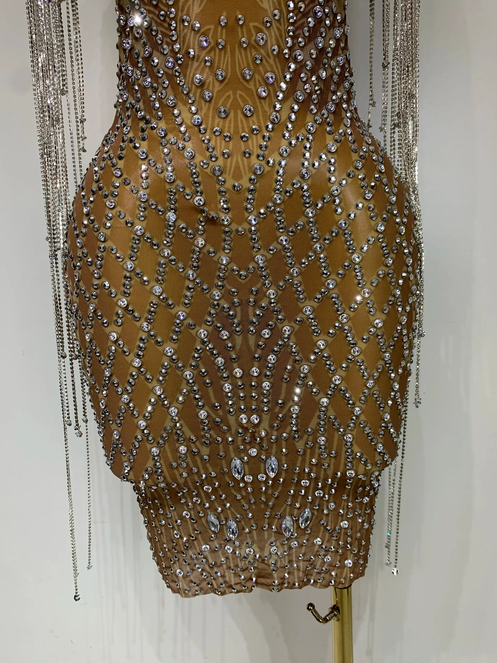 Bedford Luxury Sparkly Rhinestones Tassel Transparent Mesh Stretch Long Dress