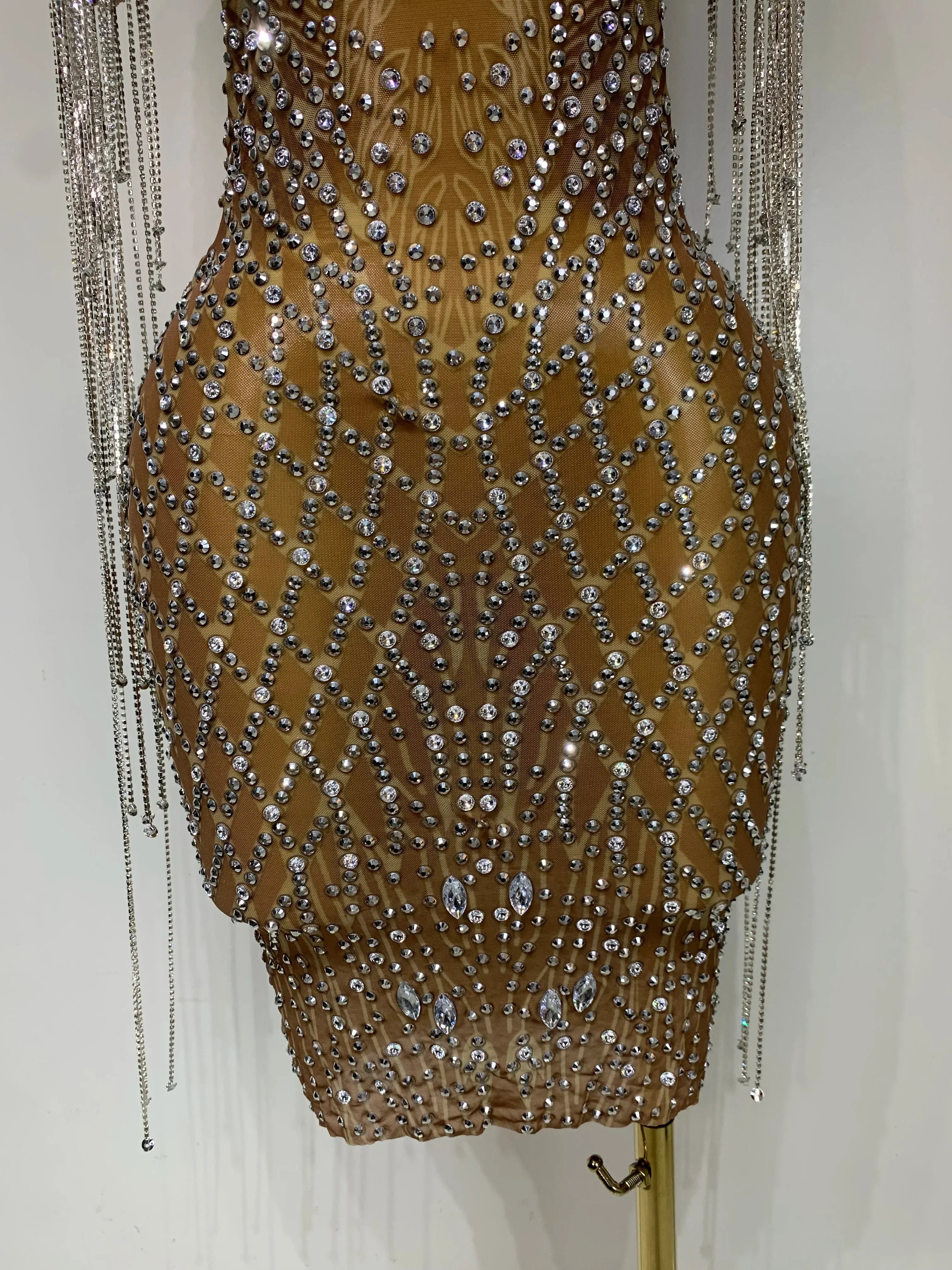 Bedford Luxury Sparkly Rhinestones Tassel Transparent Mesh Stretch Long Dress