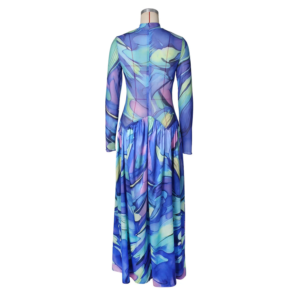 Passaic O Neck Fashion Long Sleeve Flower Printed Maxi Dress