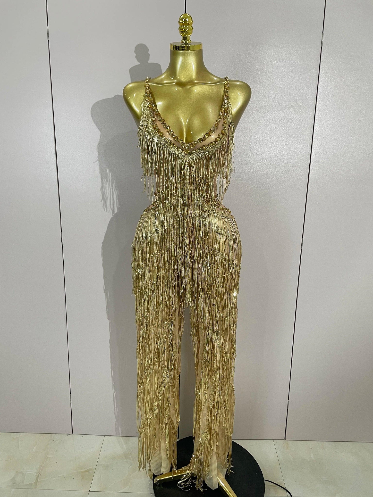 Watkin Glen Sparkly Black Rhinestones Sequined Fringe jumpsuit