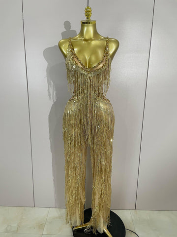 Watkin Glen Sparkly Black Rhinestones Sequined Fringe jumpsuit