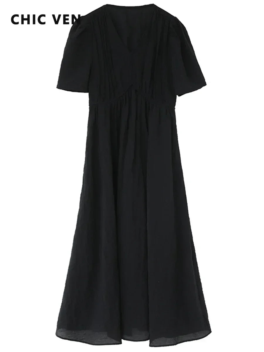 French Style Vintage V Neck Puff Sleeve Solid Black Loose Long Dress