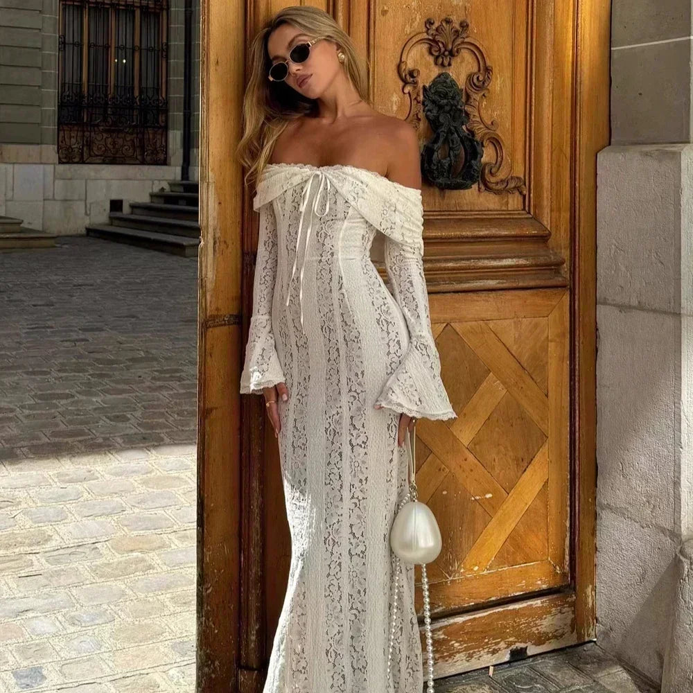 Grafton Suninheart White Evening Long Sleeve Lace Elegant Party Dress