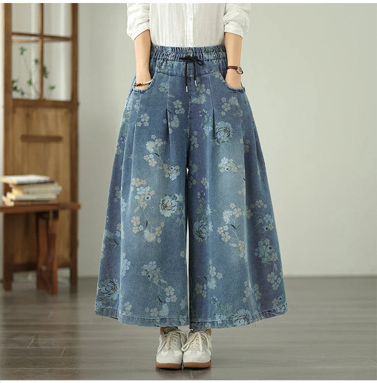 Printed Jeans For Women 2025 Autumn Vintage Extended Elastic Waist