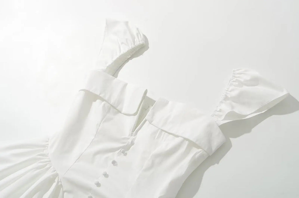 Keasbey Fit Flare White Short Sleeve Low Waist Elegant Party Dress