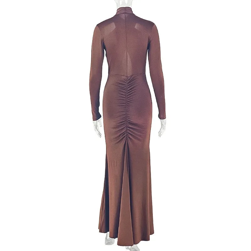 Bedford Turtleneck Hollow Out Chest Wrapped Long Sleeve Pleated Bodycon Long Dress