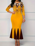 Rahway Tribal Print Mermaid Ginger Round Neck Bodycon Dress