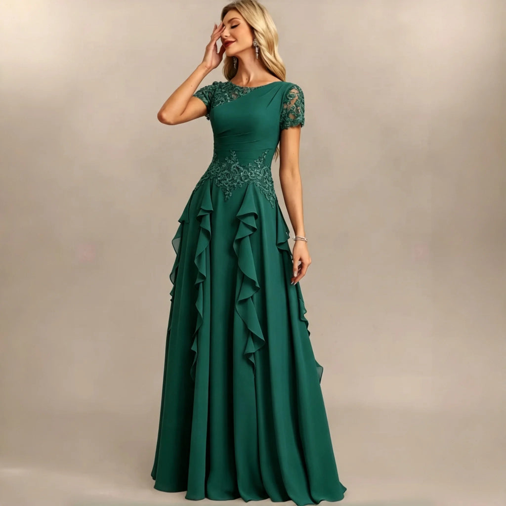 Dumbo Asymmetrical Neck Chiffon Bridesmaid Lace Sleeve Ruched Waist Cascading Dress