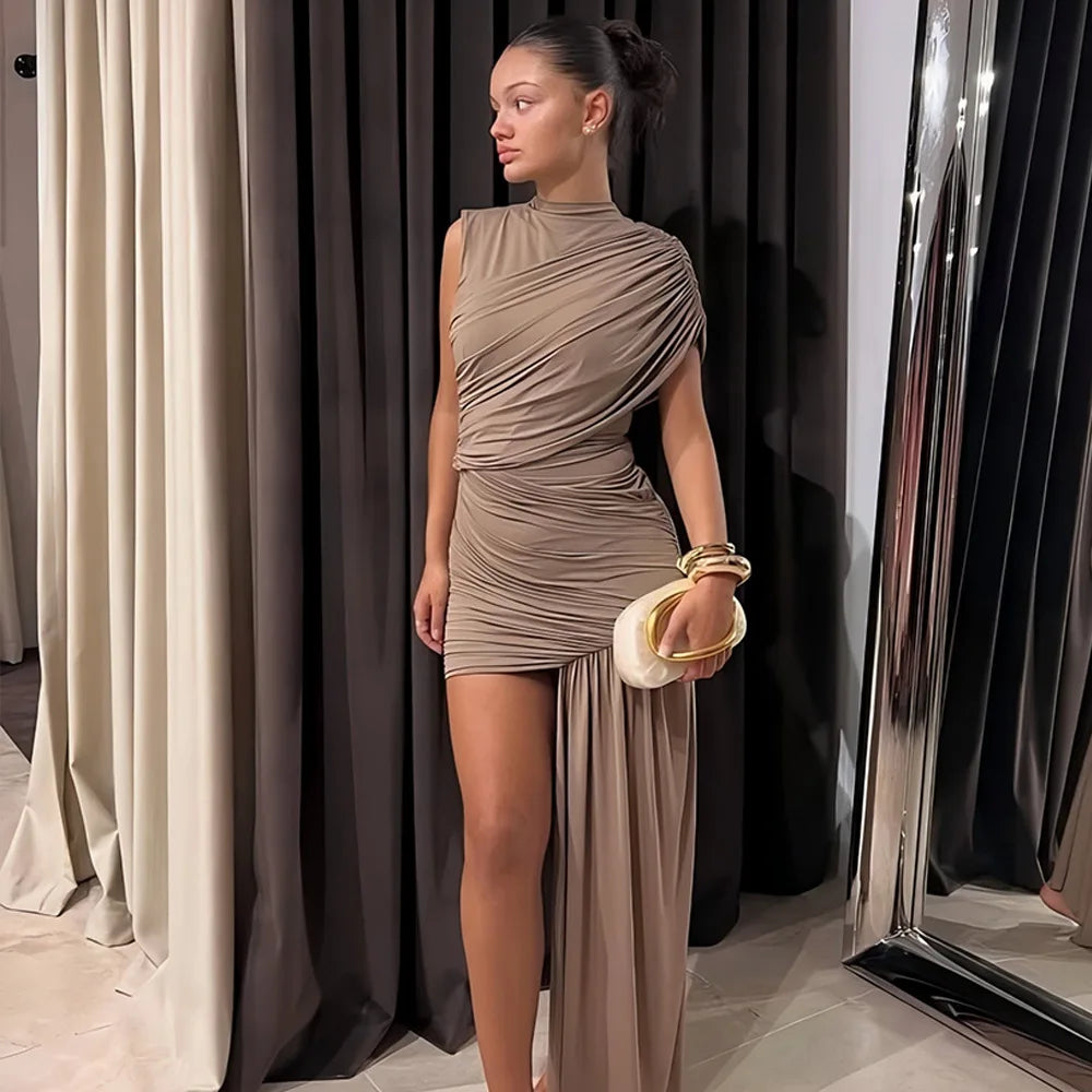 Aspen Knolls Ruched Sexy Solid Color Elegant Turtleneck Sleeveless Asymmetric Dress