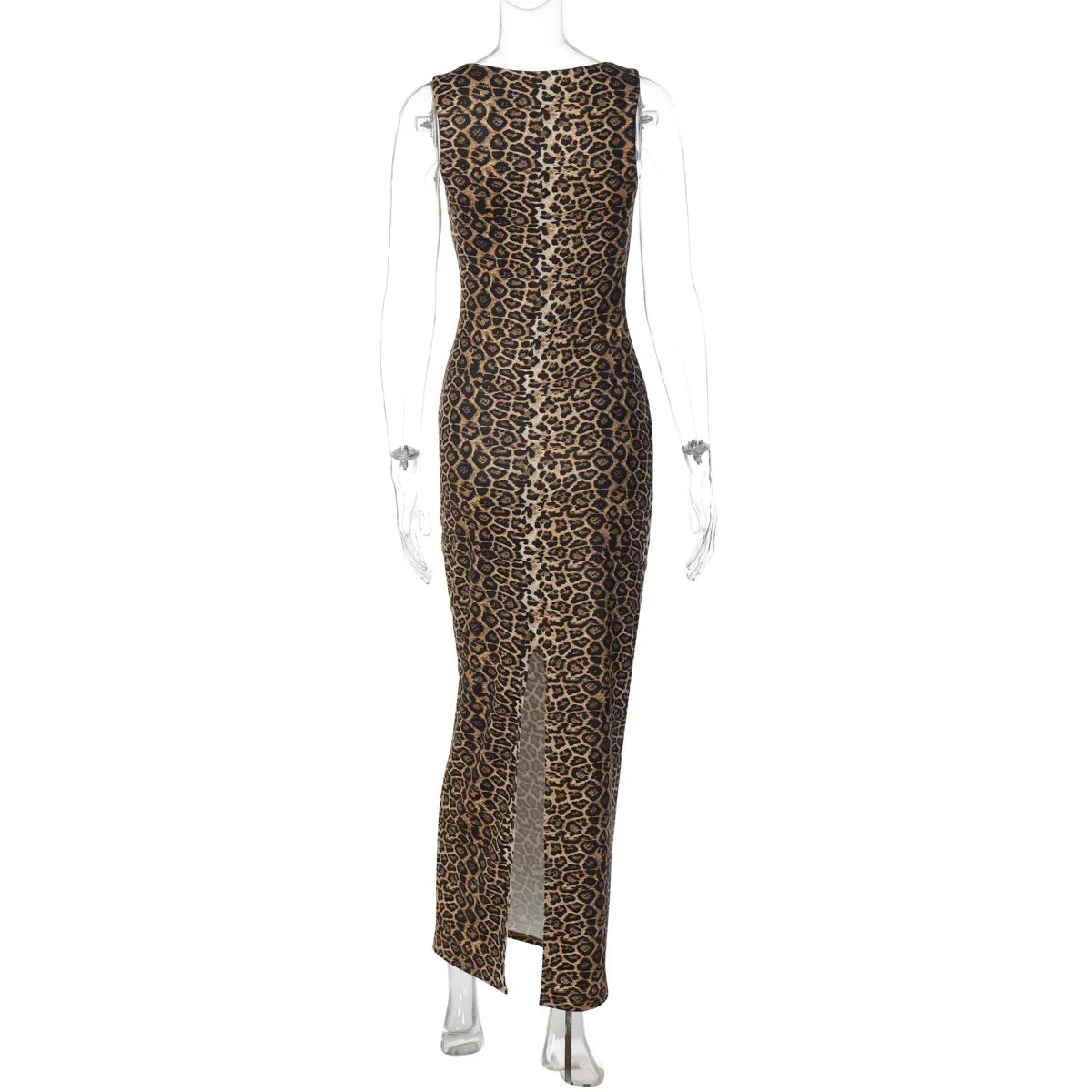 Bath Beach Elegant Square Collar Sleeveless Bodycon Split Leopard Print Long Party Dress