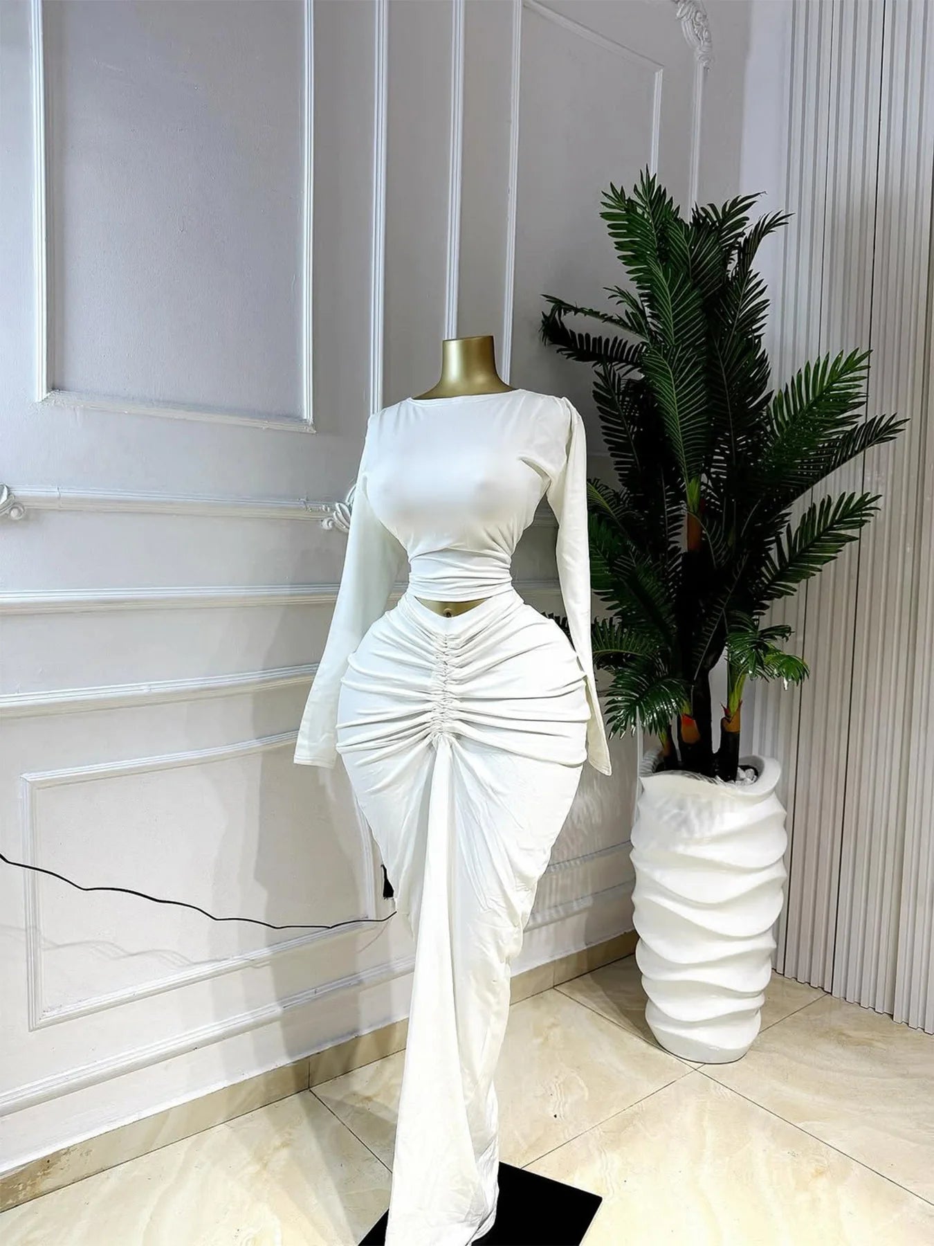 Mohegan Ruched Patchwork Bodycon Solid Color Hollow-out Long Sleeves Dress