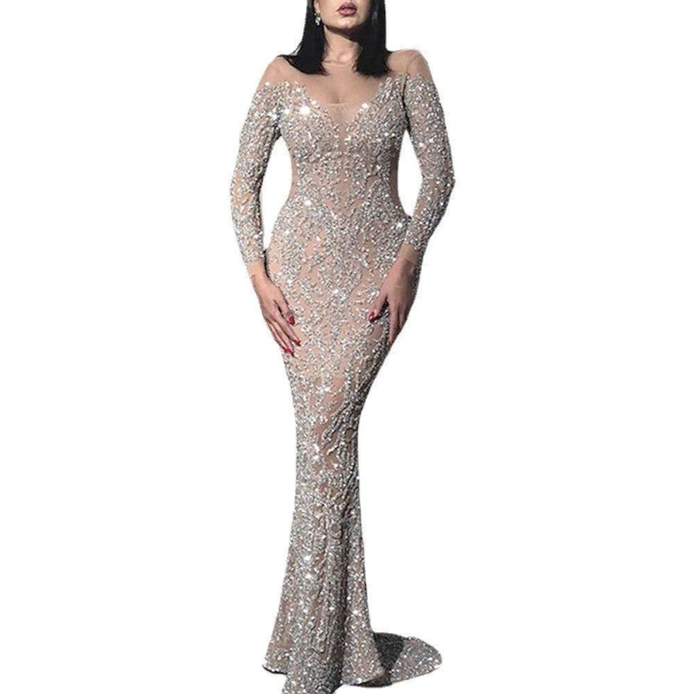 Millington Sequins Evening See-through Crew Neck  Long Sleeve Slim High Waist Maxi Dress