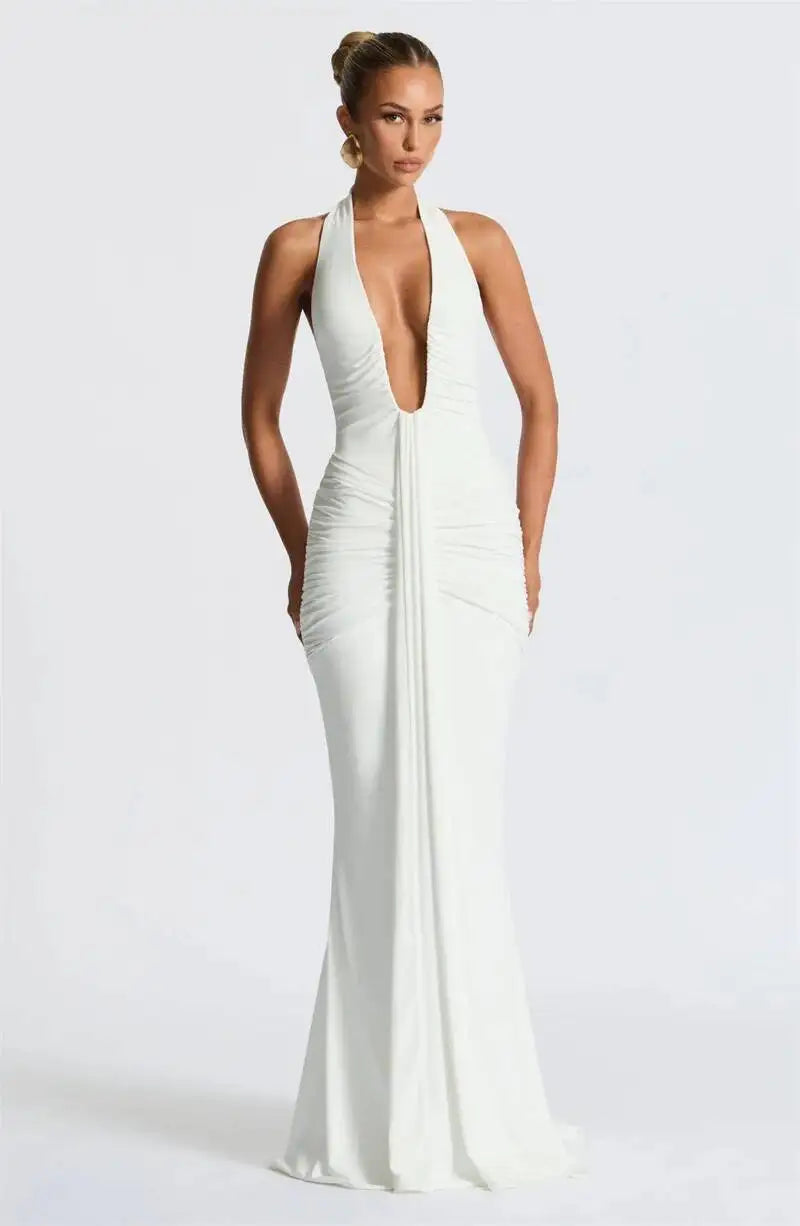 Deep V Neck Draped Ruched Sexy Halter Sleeveless Backless Club Party Long Dress
