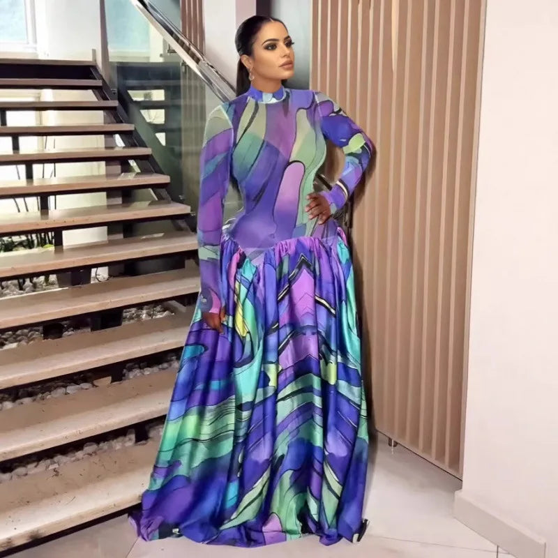 Passaic O Neck Fashion Long Sleeve Flower Printed Maxi Dress
