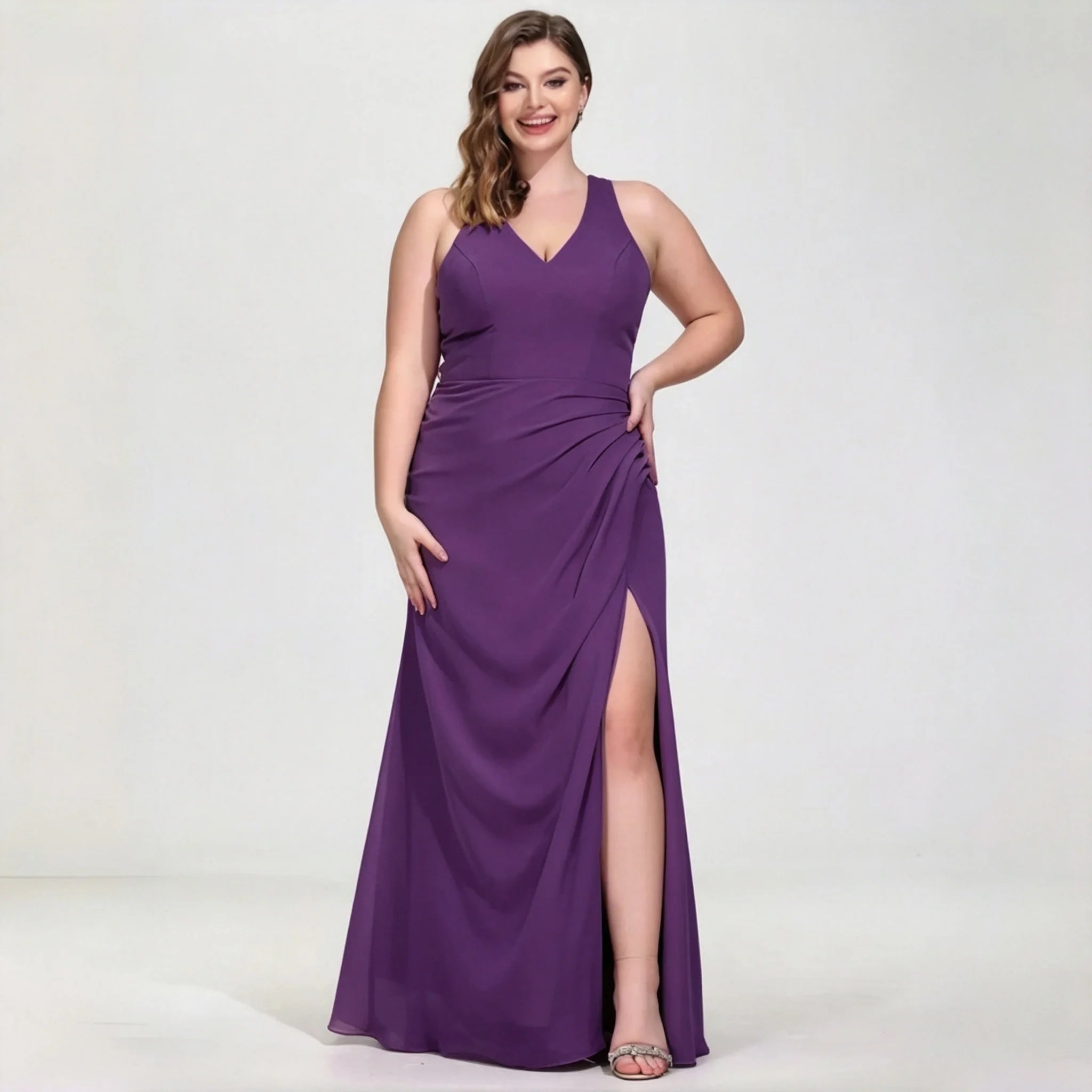 La Cuaba Dusty Pink Plus Size Chiffon Bridesmaid Sleeveless Deep V Neck Side Ruched Dress
