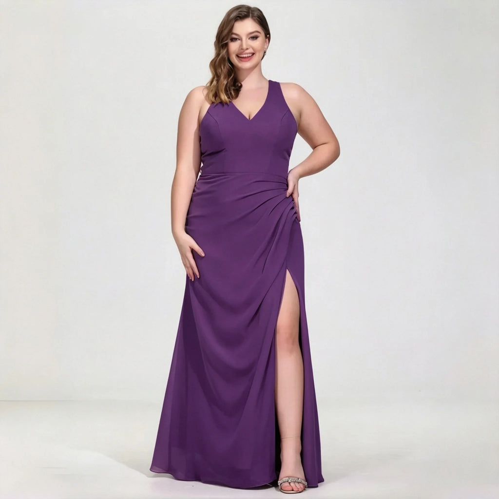 La Cuaba Dusty Pink Plus Size Chiffon Bridesmaid Sleeveless Deep V Neck Side Ruched Dress