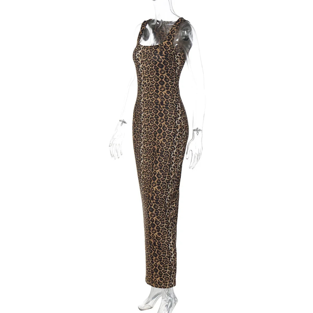 Bath Beach Elegant Square Collar Sleeveless Bodycon Split Leopard Print Long Party Dress