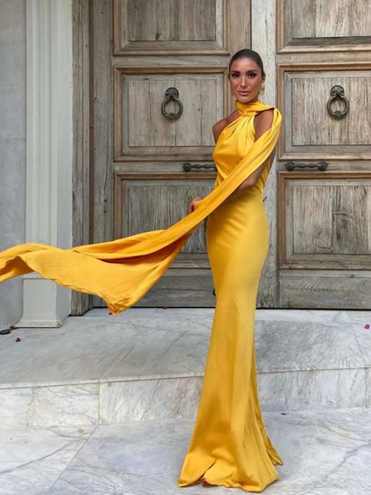 Califon Sexy Satin Ribbon Party Elegant Halter Backless Off Shoulder Sleeveless Maxi Dress