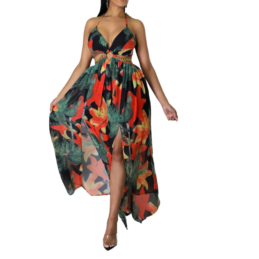 Soho Plus Size Casual Fashion V Neck Printed Pattern Suspenders Sexy Dress