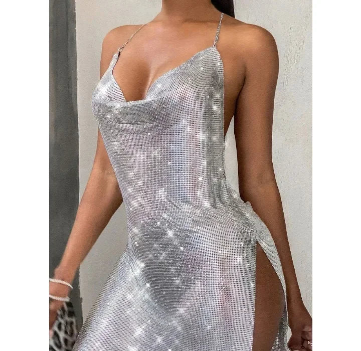 Square Backless Sequin Suspender V-neck Halter Neck Split Dress