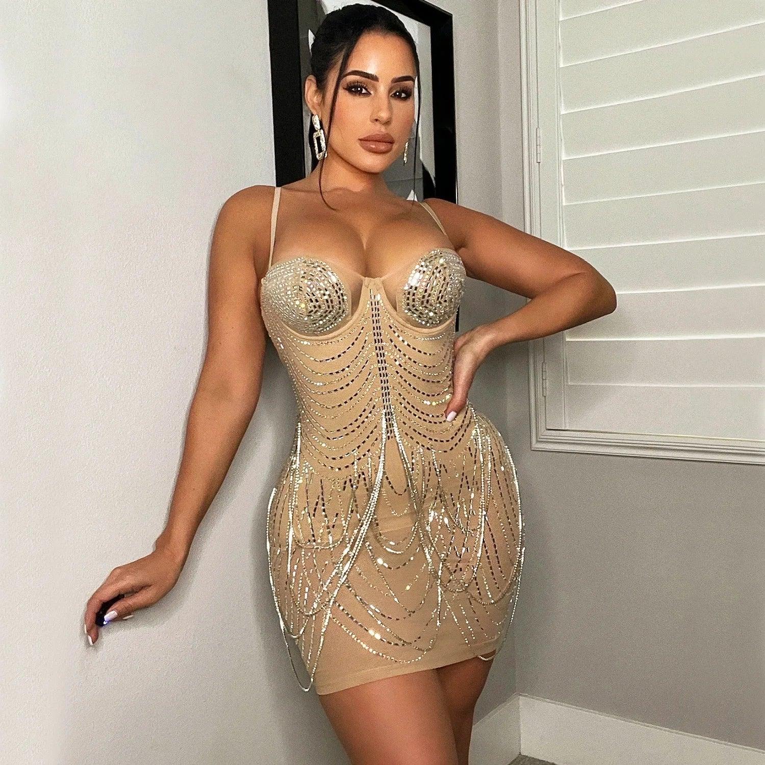 Franklin Township Rhinestone Fringe Glam Mesh Sequins Party Clubwear Mini Dress