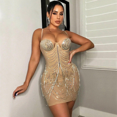 Franklin Township Rhinestone Fringe Glam Mesh Sequins Party Clubwear Mini Dress