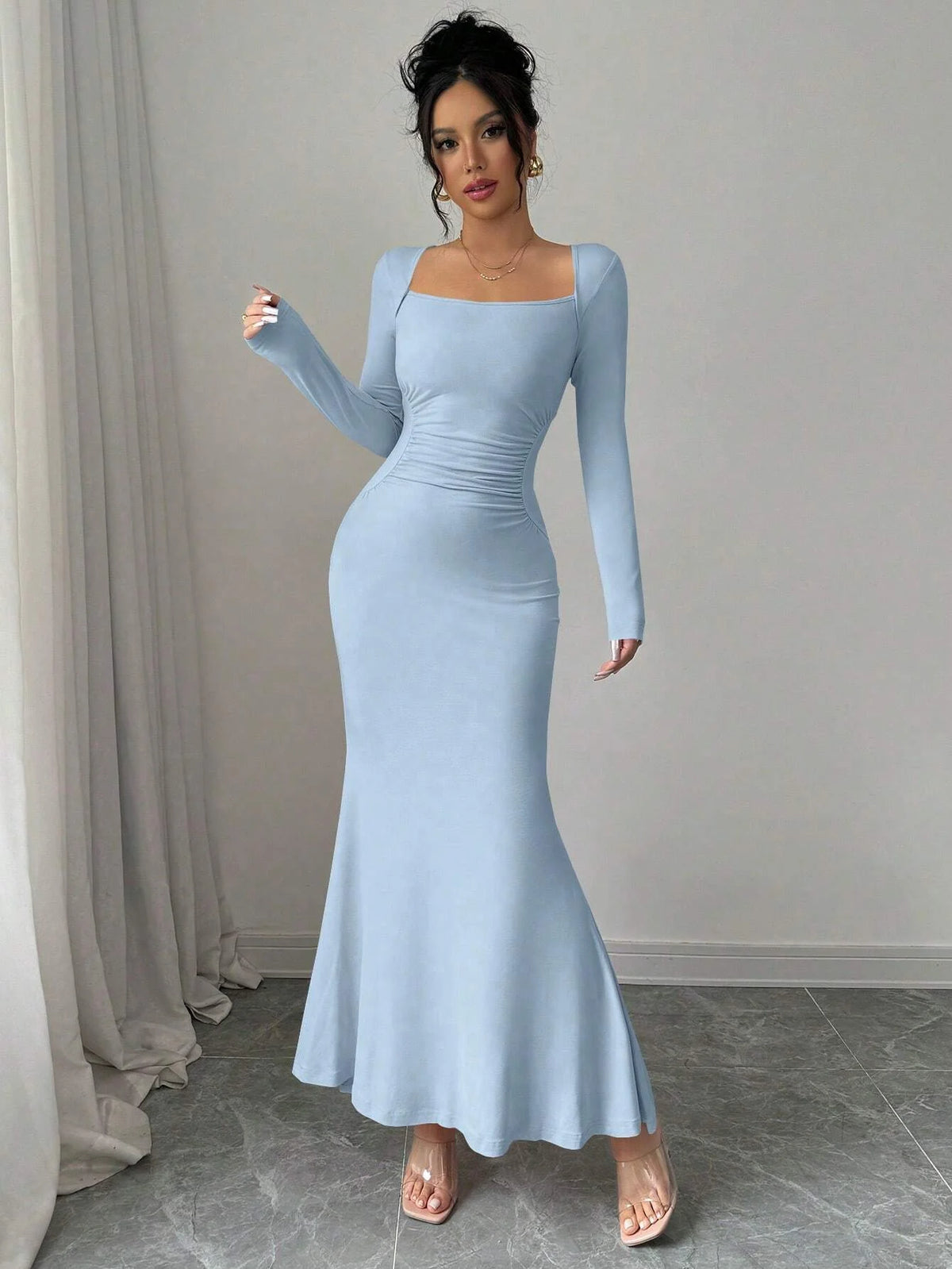 Nisao Four Seasons New Style Elegant Temperament Retro Solid Color Square Long Dress